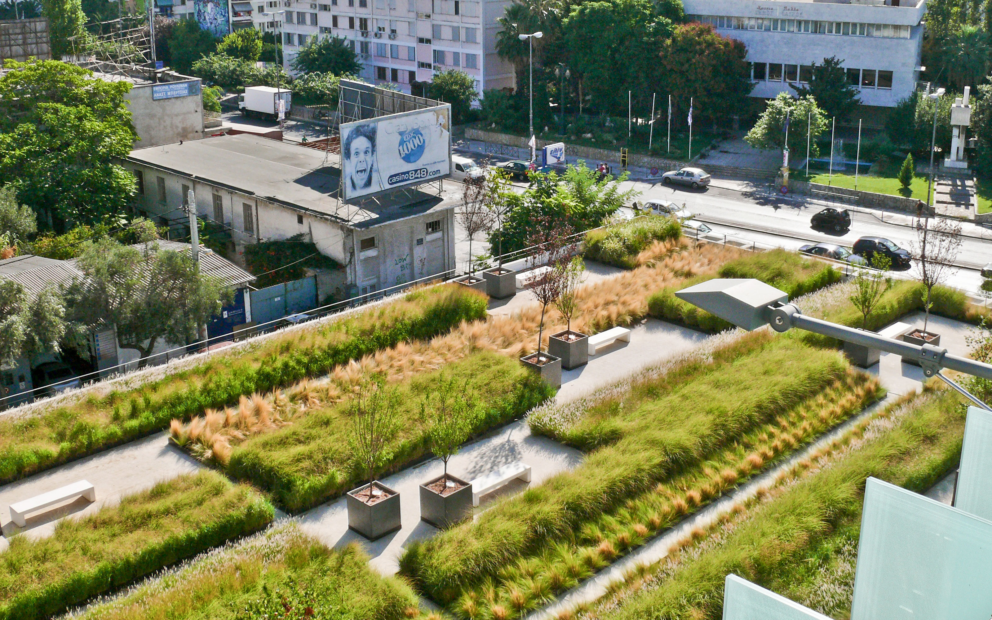 The elaborately designed terrace roof garden is situated on the underground garage. Bird's eye view onto a roof garden with ornamental grasses